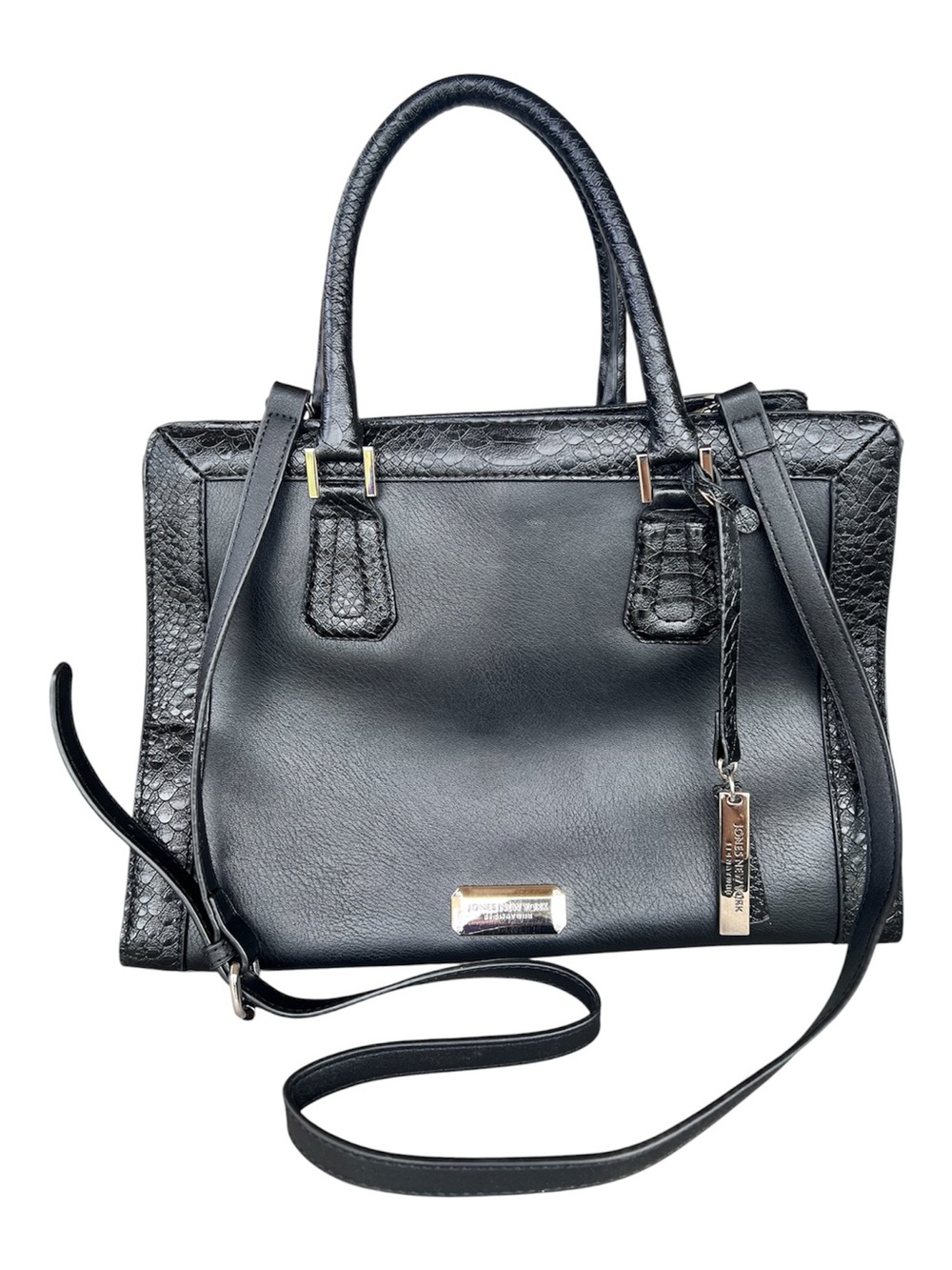 Jones New York Signature Black Faux-Snake Texture Structured Handbag